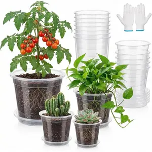 12 Pack Clear  Pots with Saucers (5/6/7/7.5") - Extra Thick Transparent Plastic  Pots for Orchids & Indoor , Excellent Drainage Holes & Bonus Gardening Gloves