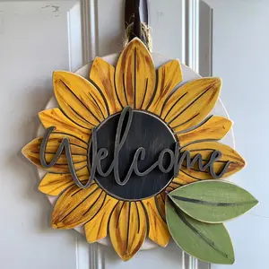 3D Sunflower Wreath Welcome Sign for Front Door, Summer Decoration for Porch, Hanging Gift for Farmhouse Home Bar, Outdoor & Indoor