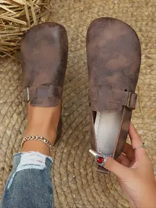 Women's Fashionable Solid Color Buckle Decorated Flat Shoes, Slip On Shoes, Casual Comfortable Round Toe Shoes for Daily Wear, Lightweight Breathable Shoes for All Seasons, Girl