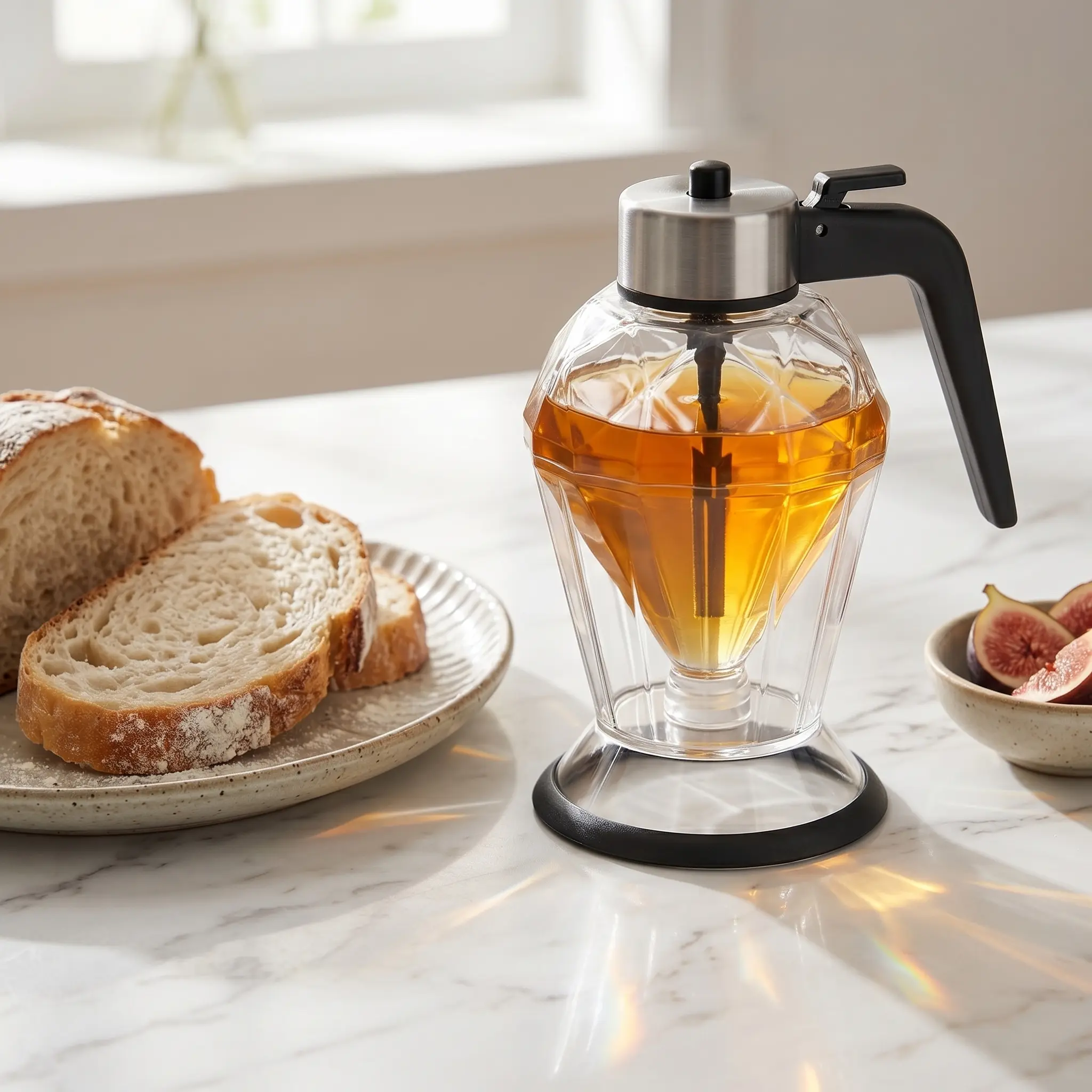 6 – 8.9 Fl Oz Compact No-Drip Glass Honey Dispenser - Coffee Syrup Dispenser with Precision Trigger Pour, Detachable Dustproof Plastic Stand, Anti-Leak Dishwasher-Safe Jar, Mess-Free Easy-Clean Kitchen Utensil for Home Brunch Cooking Freshness Preservatio