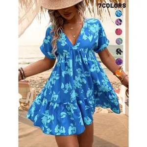Women's dress, summer 2025 V-neck oversized printed batwing short sleeved dress, casual and fashionable beach skirt, perfect for summer vacation and leisure activitiesRAIMENTRY