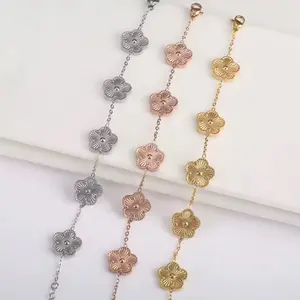 Stainless Steel Laser Five Leaf Flower Petal Adjustable Clover Bracelet Classic for Woman