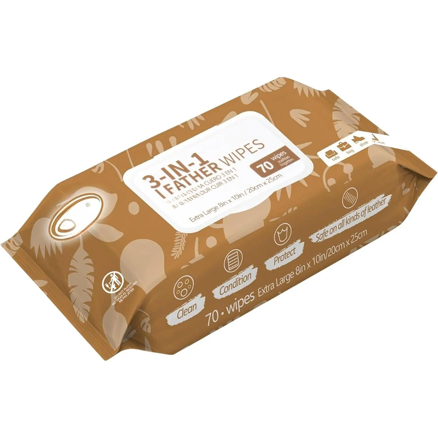 70 Count (Pack of 1) 3-in-1 Leather Cleaning Wipes, 8in x 10in Household Towel, Clean-Condition-Protect for Leather, Vinyl Apparel, Furniture, Auto Seat, Shoes, Boots, Bags