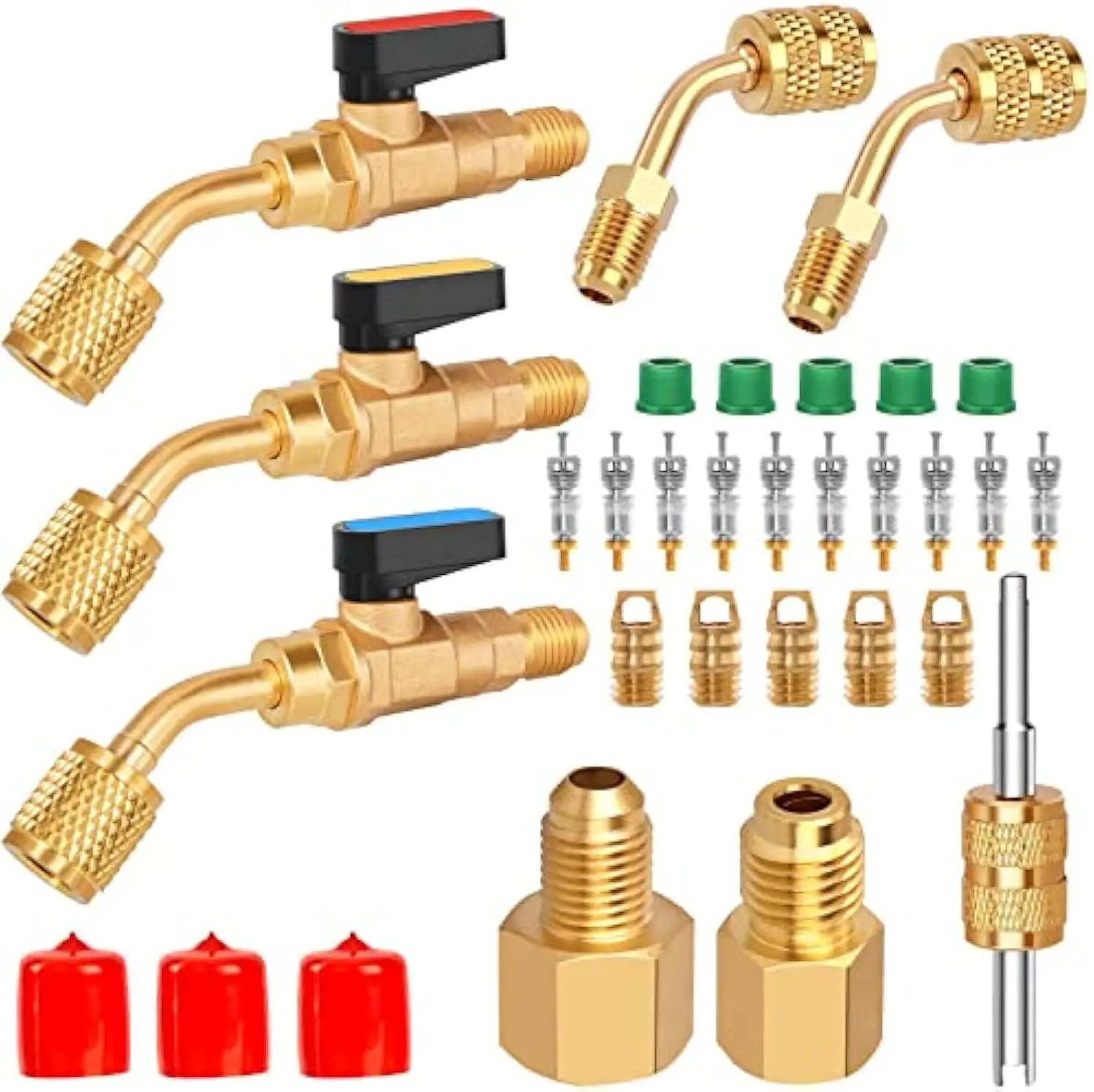 WADEO Air Conditioner Refrigerant Angled Ball Valve for R410A R134A R12 R22 AC HVAC with R410A Adapter, Vacuum Pump and R134A Refrigerant Tank Adapter, Valve Core and Remover for Mini Split System