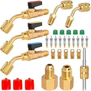 WADEO Air Conditioner Refrigerant Angled Ball Valve for R410A R134A R12 R22 AC HVAC with R410A Adapter, Vacuum Pump and R134A Refrigerant Tank Adapter, Valve Core and Remover for Mini Split System