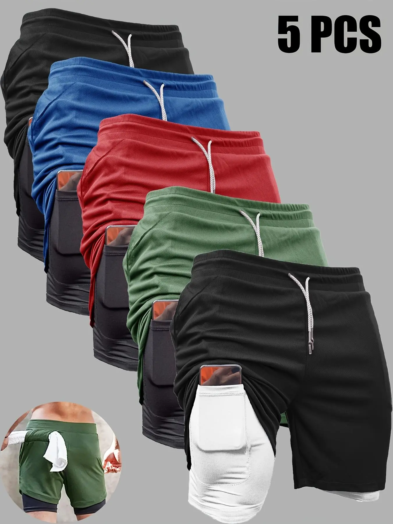 Men's 2 in 1 Double Layer Athletic Gym Shorts Inner Pocket, Breathable Comfortable Drawstring Waist Gym Shorts, Men's Sportswear Clothing for Indoor Outdoor Wear