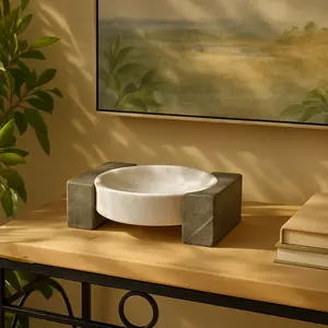 Geometric White Marble Round Living Room Decor Tray with Black Rectangular Blocks