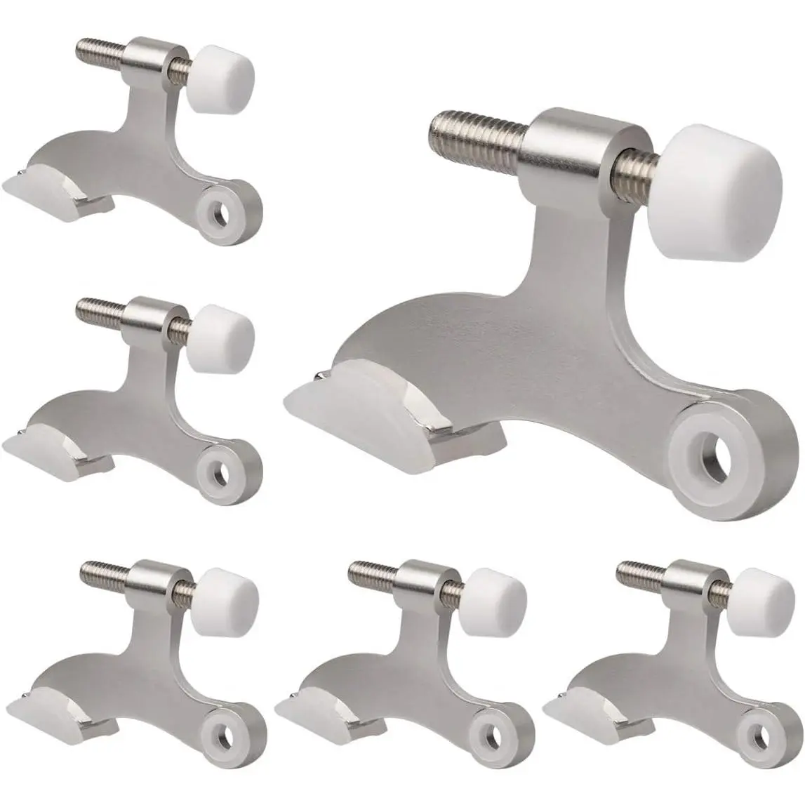 6 Pack Hinge Pin Door Stopper Brushed Satin Nickel - Adjustable Heavy Duty Stops with White Rubber Bumper Tips