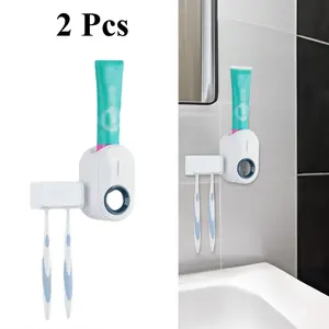 2 Pcs Toothbrush Holder Wall Mounted with Cover for Bathroom, 2 Slots Toothbrush Storage Organizer for Shower, Self Adhesive Toothbrush Hanger with Automatic Toothpaste Squeezer Dispenser gift
