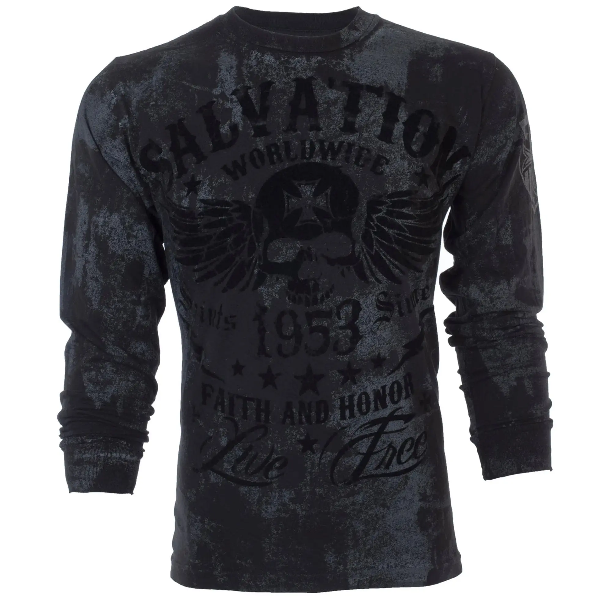 Archaic by Affliction Men's Cotton Graphic Long Sleeve Thermal Crewneck Shirt - Black Tide, Casual Menswear