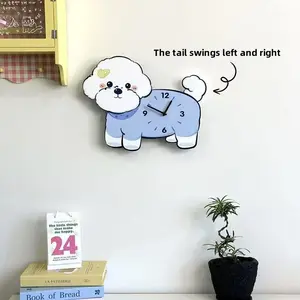 Cute Bichon Frise Swinging Clock, Puppy - Shaped Silent Decorative Creative Clock for Home Living Room, Cartoon Wall - mounted Art Hanging Clock Decoration