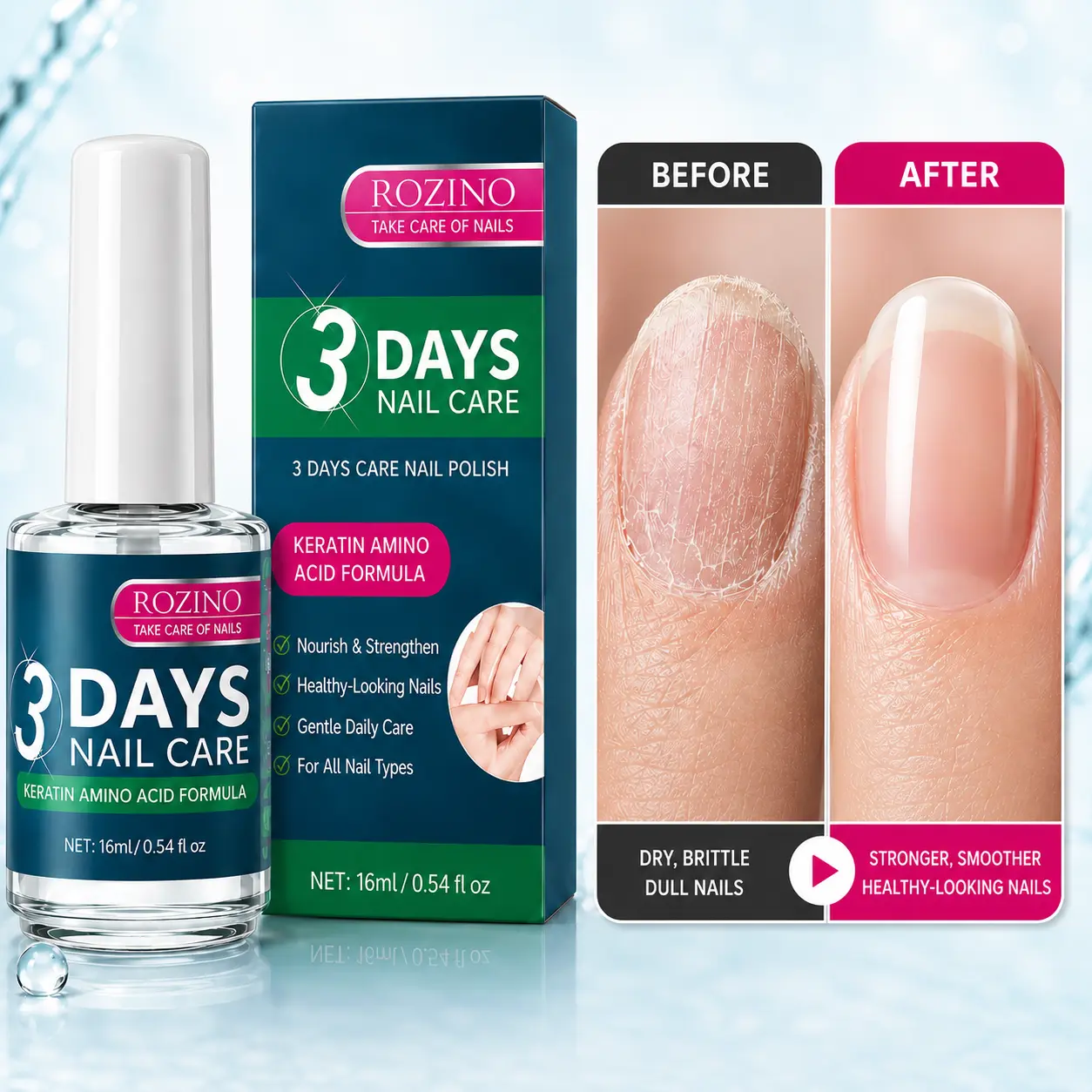 (3 Pack)ROZINO 3 Days Nail Care Treatment , Keratin Amino Acid Nail Strengthener, Hydrating Nail Repair for Weak & Dry Nails, Healthy-Looking Nails Care, 16ml Each