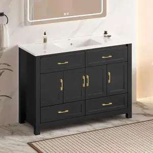 Bellemave 48" Bathroom Floor Cabinet Vanity with Resin Sink Combo - 4 Soft-Close Doors and 4 Drawers for Abundant Storage