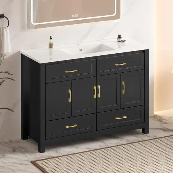 Bellemave 48" Bathroom Floor Cabinet Vanity with Resin Sink Combo - 4 Soft-Close Doors and 4 Drawers for Abundant Storage