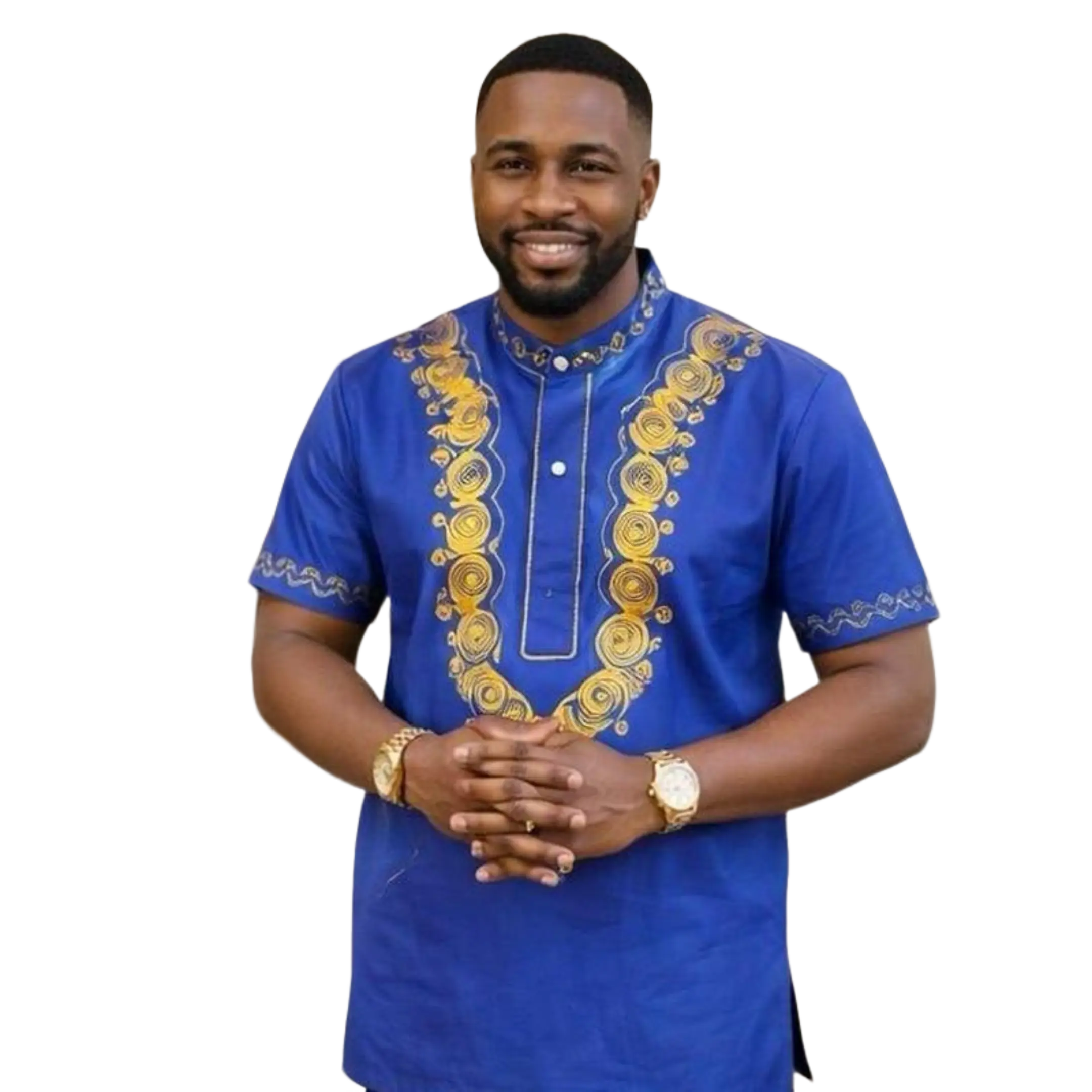 Men’s Royal Blue Embroidered Traditional Dashiki Shirt - Gold Embroidery, Luxury Fabric African Top, Ideal for Matching Trousers, Men’s Ankara Wear