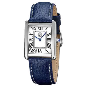 Pierre Lucerne 1888 Vintage Tank Style Swiss Inspired Mens Watch White Enamel Roman Dial and Rich Blue Leather strap Elegant Design and Timeless Style
