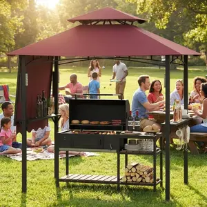 Grill Gazebo with Side Awning, Double-Tier BBQ Canopy with 2 Shelves, 4 LED Lights, Heavy-Duty Outdoor Grill Shelter for Patio, Backyard, Deck