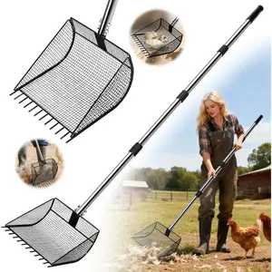 2-in-1 Chicken Poop Scooper for Sand, Rake & Pooper Scooper with Large Sifting Shovel, Adjustable 36"-62" Stainless Steel Handle, Chicken Coop Litter Cleaning Tool for Farm Animals