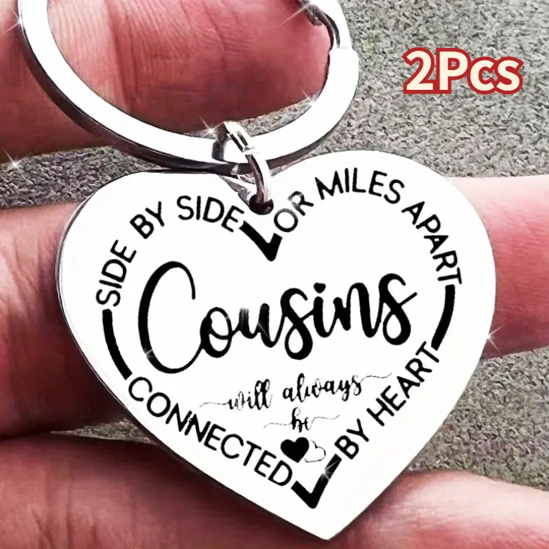 Cousins Engraved Heart Keychain Set Accessories, 2Pcs Stainless Steel Heart-Shaped Key Rings, Birthday Christmas Gift for Cousins Couple, Engraved Heart Keychains