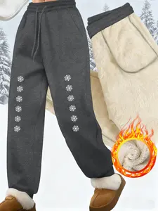 Women's Fleece Lined Long Pants, Snowflake Print, Drawstring Waist, Casual Fall & Winter Wear, Warm Lamb Fur Sweatpants, Fit