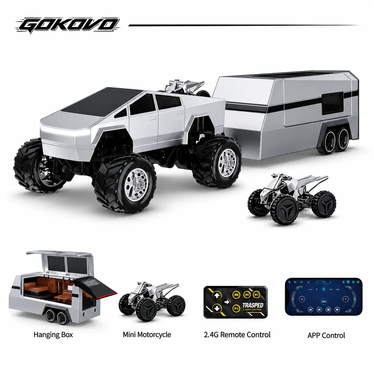 1/64 Mini RC Monster Cybertruck, All-Terrain Metal Off-Road Pickup with Trailer, 2.4GHz Remote & App Control, USB-C Rechargeable Big-Wheel RC Cars, Cool Boy Kid Toys for Birthdays, Teen Boy Gift for Boyfriend