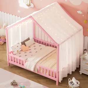Sturdy Wood Platform Bed Frame, Full Size Canopy Roof House Bed, No Box Spring Needed, Easy Assembly Bedroom Furnishing for Bedroom, Playroom, Pink