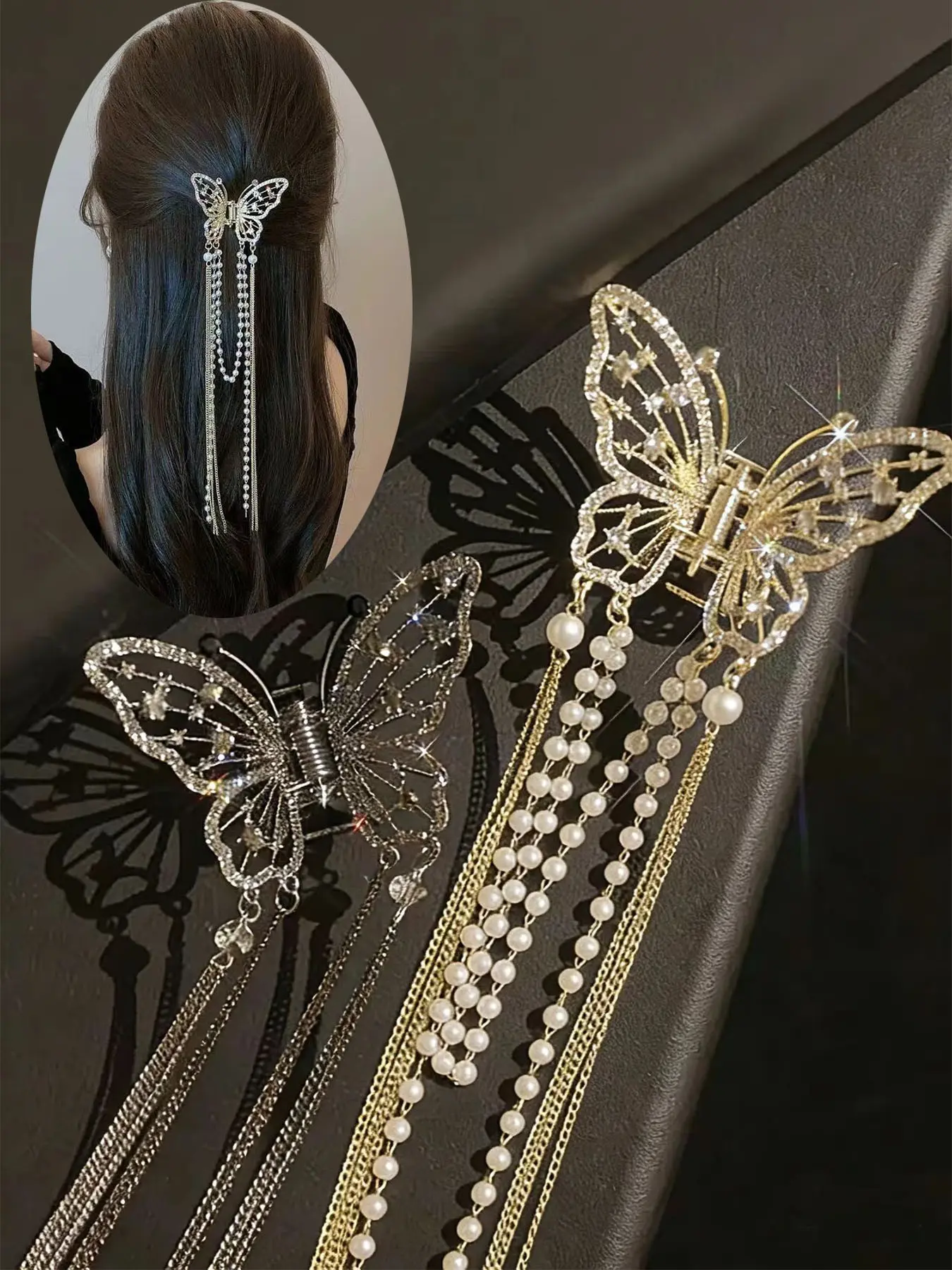 2pcs Fairy Lace Crystal Pearl Butterfly Tassel Claw Clip, Summer Metal Hair Clip for Women, Back of Head Hair Tie, Stylish Accessory, Hair Claws, Hair Claw Clips, Hairclips