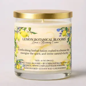 Terra Blooms Lemon Botanical Blooms Soft Florals Calming Notes 14 oz Hand Poured Eco Soy Wax Candle for Balance and Calm Eco-Friendly Decor Ornaments