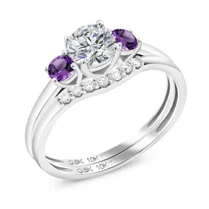 Gem Stone King 10K White Gold Lab Grown Diamond and Purple Amethyst Bridal-Sets Ring For Women | 0.76 Cttw | Round 5MM | Gemstone April Birthstone