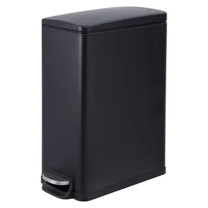 12 Gallon Slim Stainless Steel Kitchen Trash Can – Space-Saving Step-On Recycling Bin with Soft Close Lid, Removable Inner Bucket,Dog Proof for Home, Black