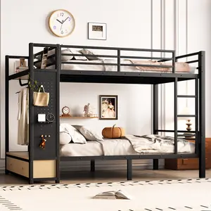 Full/Queen/Twin XL Over Size Metal Bunk Bed for with Storage Shelves ,Drawers and Pegboard,Black,The package will be shipped in two separate parcels