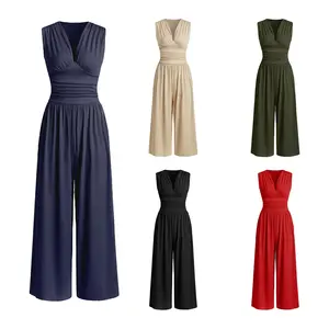 Women's Plain Ruched Deep V Neck Ribbed Fitted Jumpsuit, Elegant Sleeveless Wide Leg Jumpsuit for Summer, Ladies Clothes for Beach Holiday Vacation