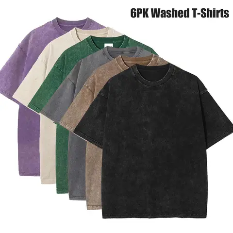 6 Pack Oversized Tshirts for Men Gym Vintage Heavyweight T Shirts Cotton Workout Acid Wash Baggy Tees Shirt