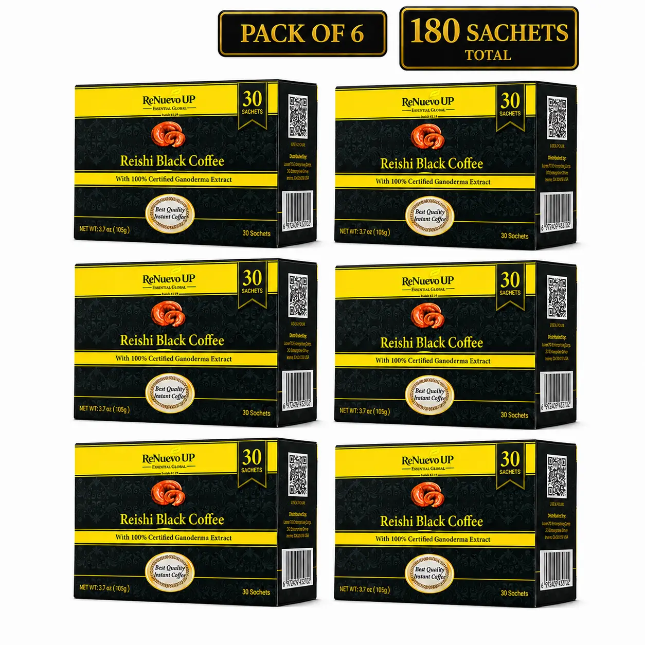 ReNuevo UP Reishi Black Instant Coffee, Ganoderma Mushroom Coffee Pack of 6, 180 Single-Serve Sachets, 22.2 oz (630 g)