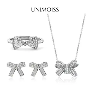 UniMoiss Moissanite Sweet Bow Jewelry Set Silver-Plated Stud Earrings Necklace Ring Set Valentine's Day Wedding Engagement Anniversary Romantic Elegant Gift Daily Wear