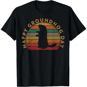 Retro Happy Groundhog Day Sunset Gift Ground Hog Silhouette T-Shirt Relaxed Fit Cotton T-Shirt
