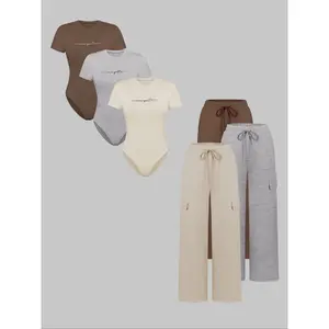 Women's Knit Letter Print Jumpsuit Set, Casual Fitted Short Sleeve Tee & Long Pants, All Seasons Fashion
