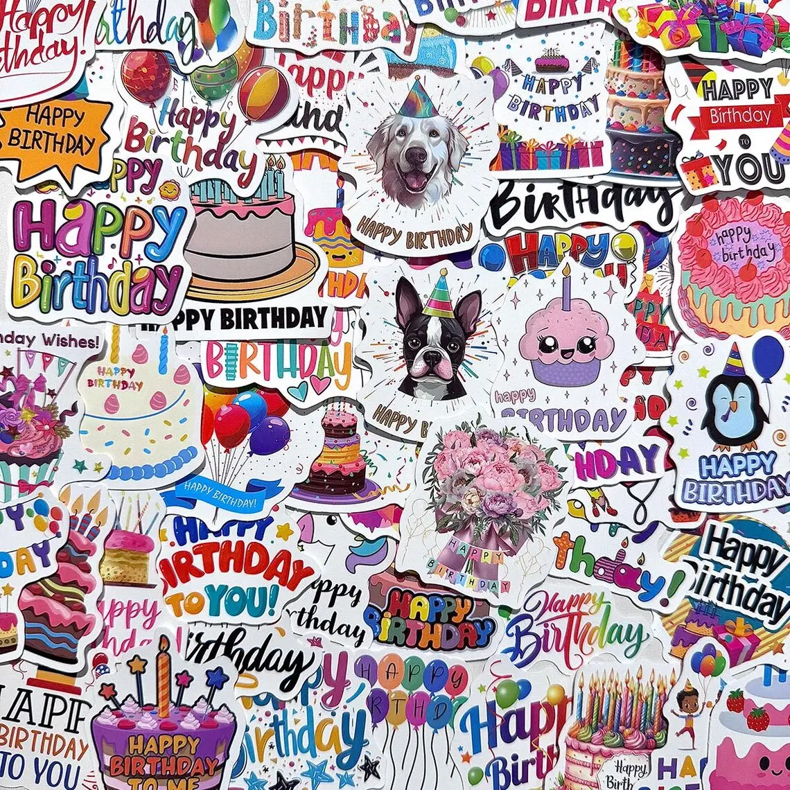 50-Piece Party Vinyl Sticker Pack, Happy Birthday Cake Balloon Party Favor Stickers for DIY Scrapbooking & Stamping