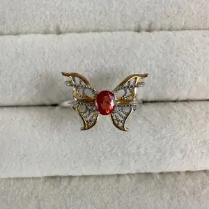 <PingEast jewelry > LANBS203--925 Sterling Silver Butterfly Ring with 3x4mm Natural Orange Sapphires.