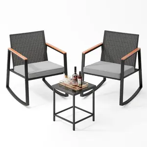 Gizoon 3 Pieces Rocking Patio Bistro Set with Anti-Scald Armrest, Outdoor Patio Wicker Furniture Set with Glass Table and Cushion for Garden, Yard, Porch Swing Chair Durable