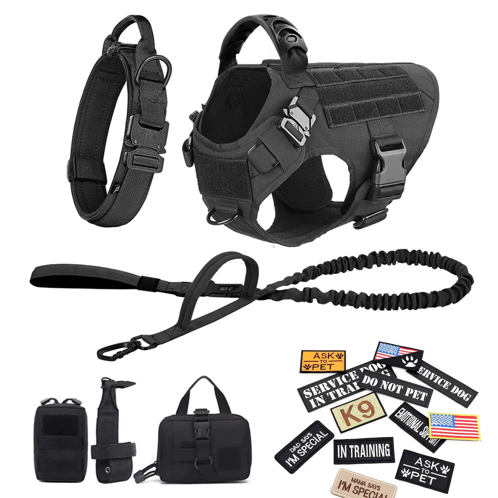 K9 Military Tactical Dog Harness Collar Leash Bags Patches Set Pet - Training Vests Tactical Dogs Harnesses Accessories