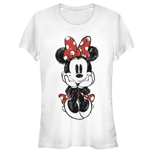 Juniors Womens Mickey & Friends Sitting Minnie Sketch T-Shirt