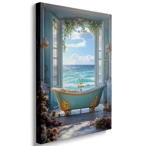 Framed Wall Decor Coastal Dream Canvas Wall Art - Ocean Bathroom Decor - Stretched Canvas Print - Turquoise Bathtub Art for Bedroom - Sea View Print - Modern Home Decor