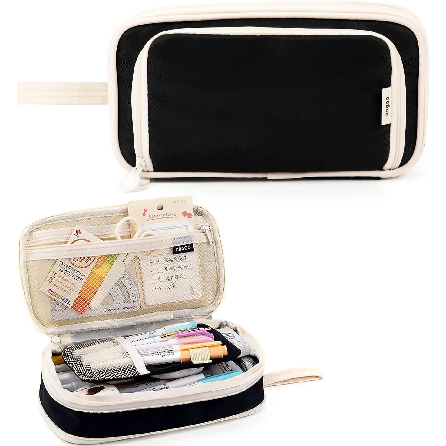 Large Capacity Pencil Case 4 Compartment Bag Organizer, Expandable Pen Bag, Portable Stationery Bag with Handle for Office Middle High College School (Black)