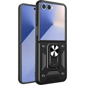Phone Cases for Samsung Galaxy Z Flip 7 Galaxy Z Flip 6 5 4 3 Case with Slide Camera Cover & Rotated Ring Kickstand Military Grade Shockproof with Magnetic Car Mount Holder Cover case for Samsung Galaxy Z Flip 7 Black
