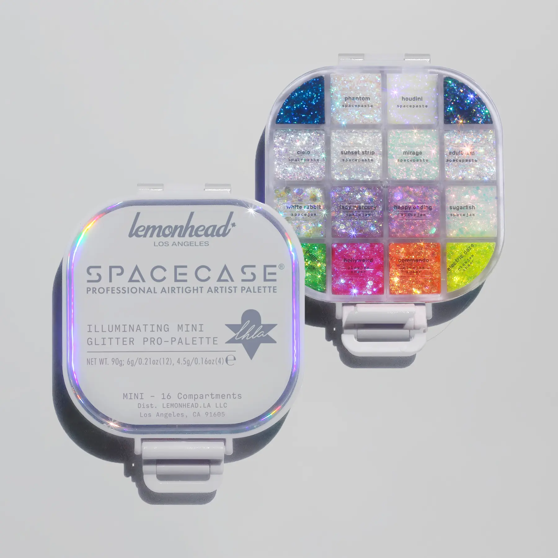Lemonhead LA SPACECASE Illuminating Mini Glitter PRO-Palette – The Original Artist-Made Holographic Sparkly Eyeshadow Palette | 16 Iridescent Shades includes 4 UV Reactive Glitters in Airtight Travel Case