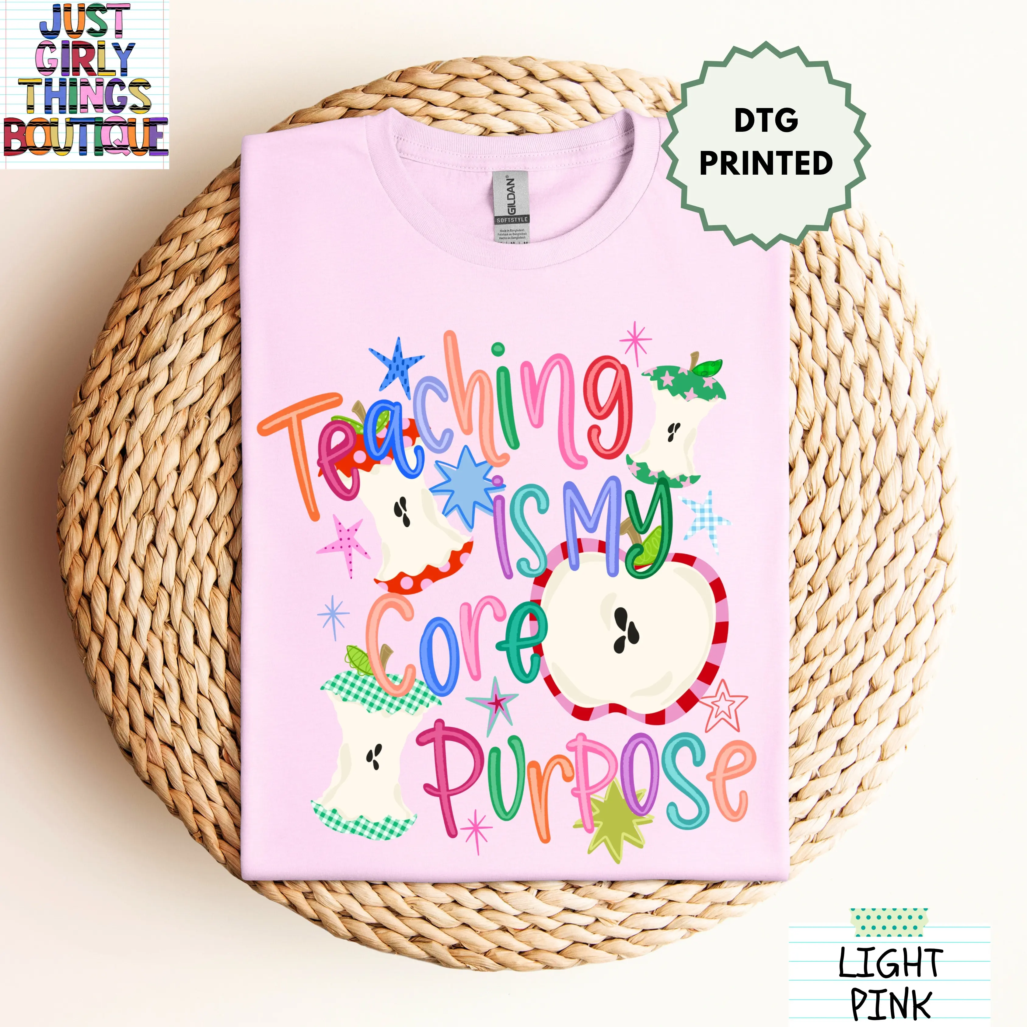 Teaching is My Core Purpose Shirt - Gildan 64000 Softstyle/Gildan 5000 Heavy Cotton Tee -  Preppy Teacher Shirt, Retro Teacher Shirt, Teacher Apple Shirt, Back to School Shirt, First Day of School Shirt, Teacher Saying Shirt