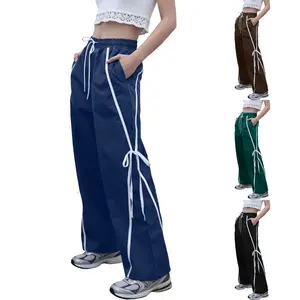 Mundoven Girl's Bow Track Pants Striped Sweatpants Baggy Wide Leg Parachute Pants for Joggers Hip Hop Dance