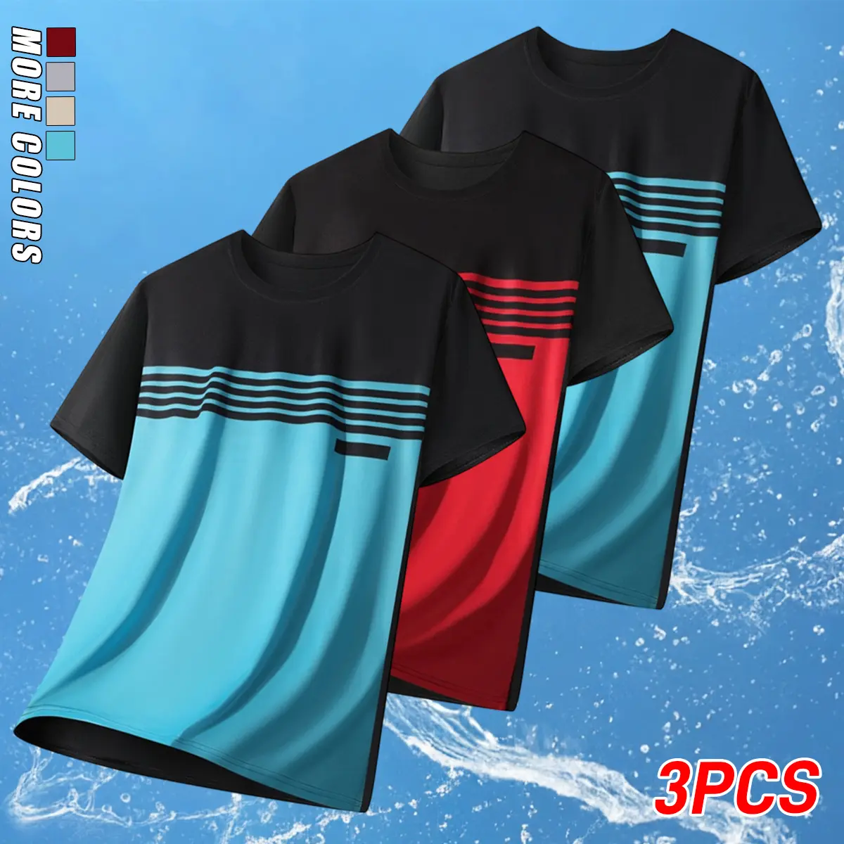 Men’s 3-pack moisture-wicking polyester crew-neck short-sleeve shirts, soft and breathable, suitable for hot summer wear.A clever side slit design that pairs easily with joggers, athletic shorts, and casual sneakers.