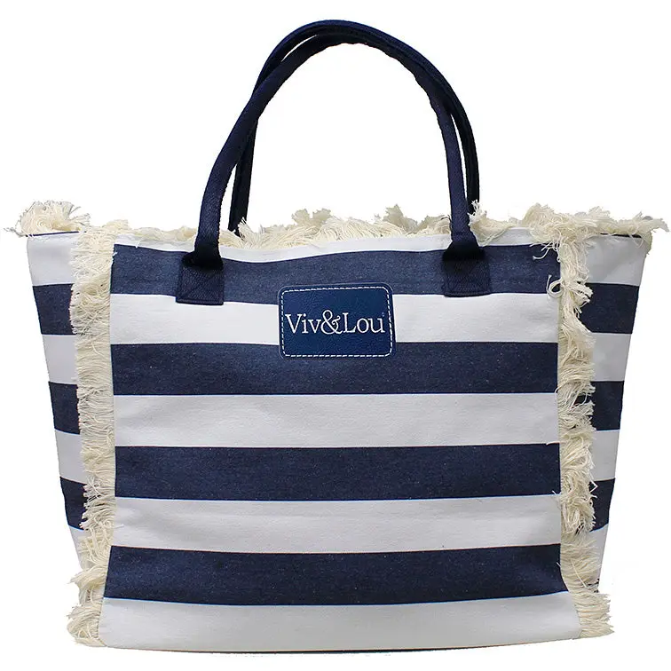 Viv&Lou® Navy Striped Heavy Cotton Fringed Tote Boho Beach Shopping Shoulder Bag #M4265WU-VLU